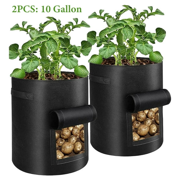 Potato Grow Bags, 2 Pack 10 Gallon Planting Heavy Duty Pouch Fabric Pots with Handles Premium Breathable Cloth Bags for Potato/Plant Container(Black)