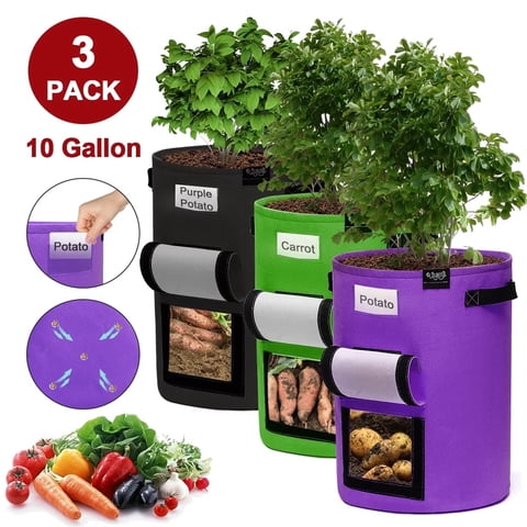 BSHAPPLUS 3 Pack 10 Gallon Potato Grow Bags,300G Thick Non-Woven Fabric Plant Growing Bag with Visible Harvest Window, Reinforced Handles & Drainage Holes for Potato, Carrot, Tomato Vegetables