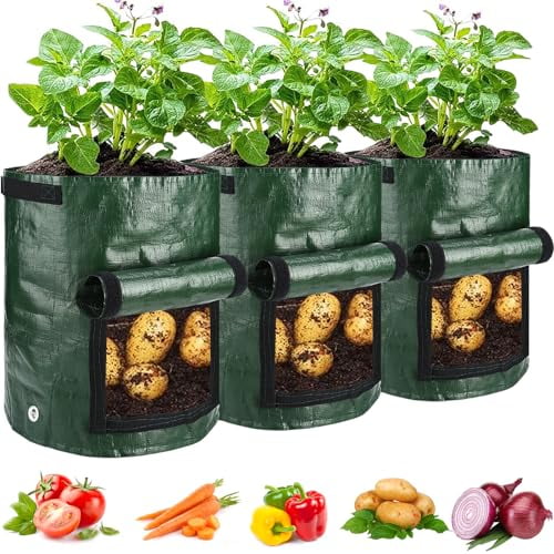 Potato Grow Bags,3 Pack 10 Gallon with Flap and Handles Planter Pots for Onion,Fruits,Tomato,Carrot - Green
