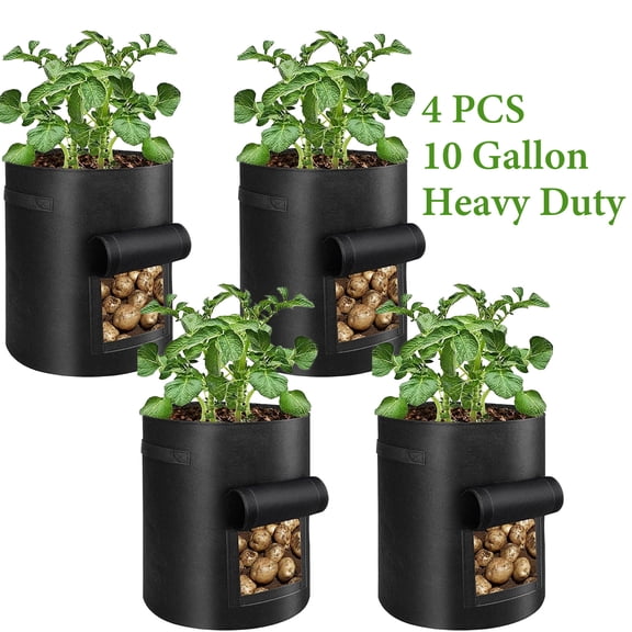 Potato Grow Bags, 4 Pack 10 Gallon Planting Heavy Duty Pouch Fabric Pots with Handles Premium Breathable Cloth Bags for Potato/Plant Container(Black)