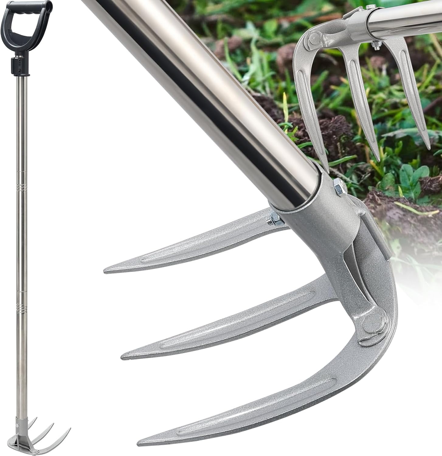 Potato Hand Rake Garden Tool - 62" Long Handle Cultivator Weeding Rakes 3-Tine Heavy Duty Carbon Steel with D Grip for Raised Beds Flower Bed Soil Grass Yard Gardening