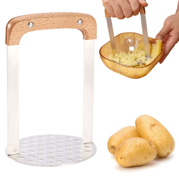 Potato Masher Hand Tool with Ergonomic Wood Handle Stainless Steel Vegetable Ricer for Smooth Purees and Professional Kitchen Prep