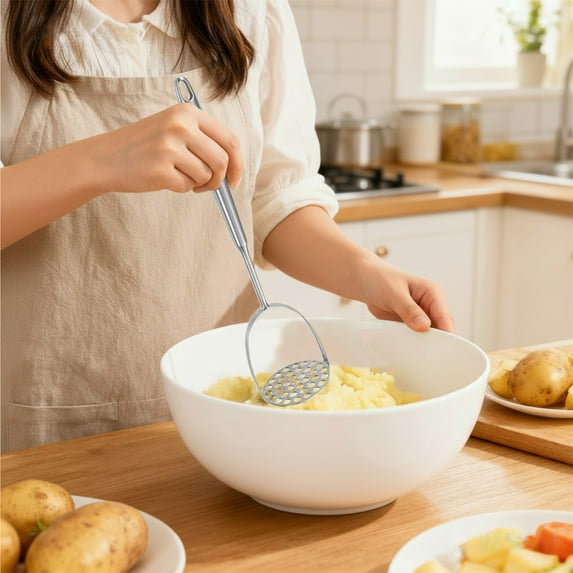 Potato Masher Stainless Steel - Mashed Potato Masher Kitchen Utensil,Potato Smasher For Potatoes, Bean, Vegetable & Fruits,Pet Food, Dishwasher Safe,1PC,14 Inch,Silver