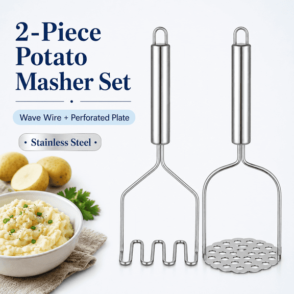 2 Pack Stainless Steel Potato Masher Set, Two Different Head Styles for Mashed Potatoes, Avocado, Beans, Vegetables and Fruit