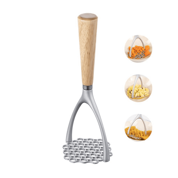 Potato Masher with Wooden Handle, 9.25" Manual Potato Press for Kitchen Tool, Aluminum Alloy Potato Ricer For Fluffy Mashed Potato