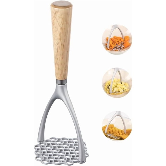 Potato Masher with Wooden Handle, Manual Potato Press for Kitchen Tool, Aluminum Alloy Potato Ricer For Fluffy