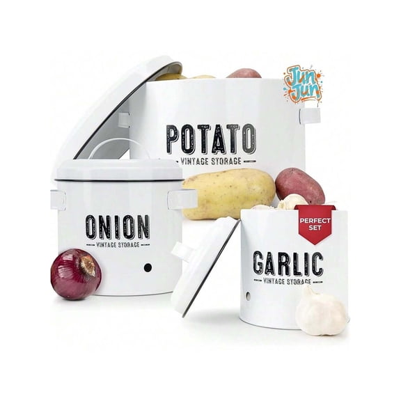 Potato Onion Garlic Kitchen Storage Set of 3, Metal Vegetable Storage Box with White Wooden Lid, Breathable Potato Bin and Garlic Keeper for Pantry and Countertop Organization