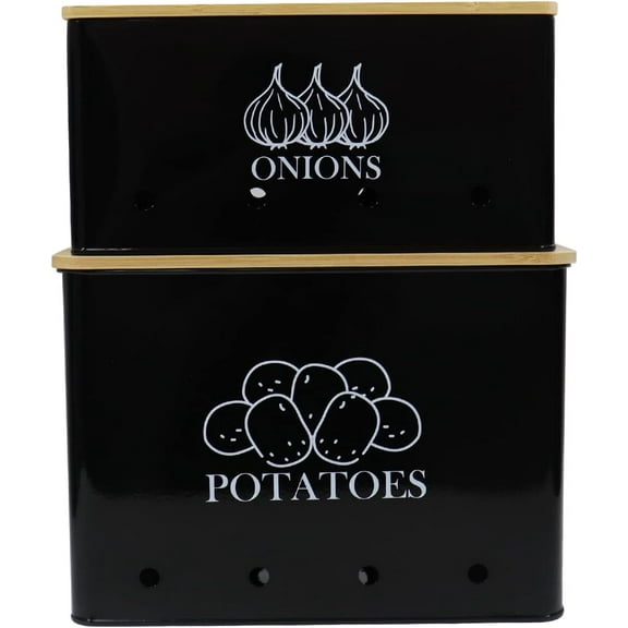 Potato Onion Kitchen Storage Canisters,Storage Bin For Kitchen 2 Pack Set,potatoe, Potato Storage Box，storage And Long Shelf Life With Aerating Tin Storage Holes-Black