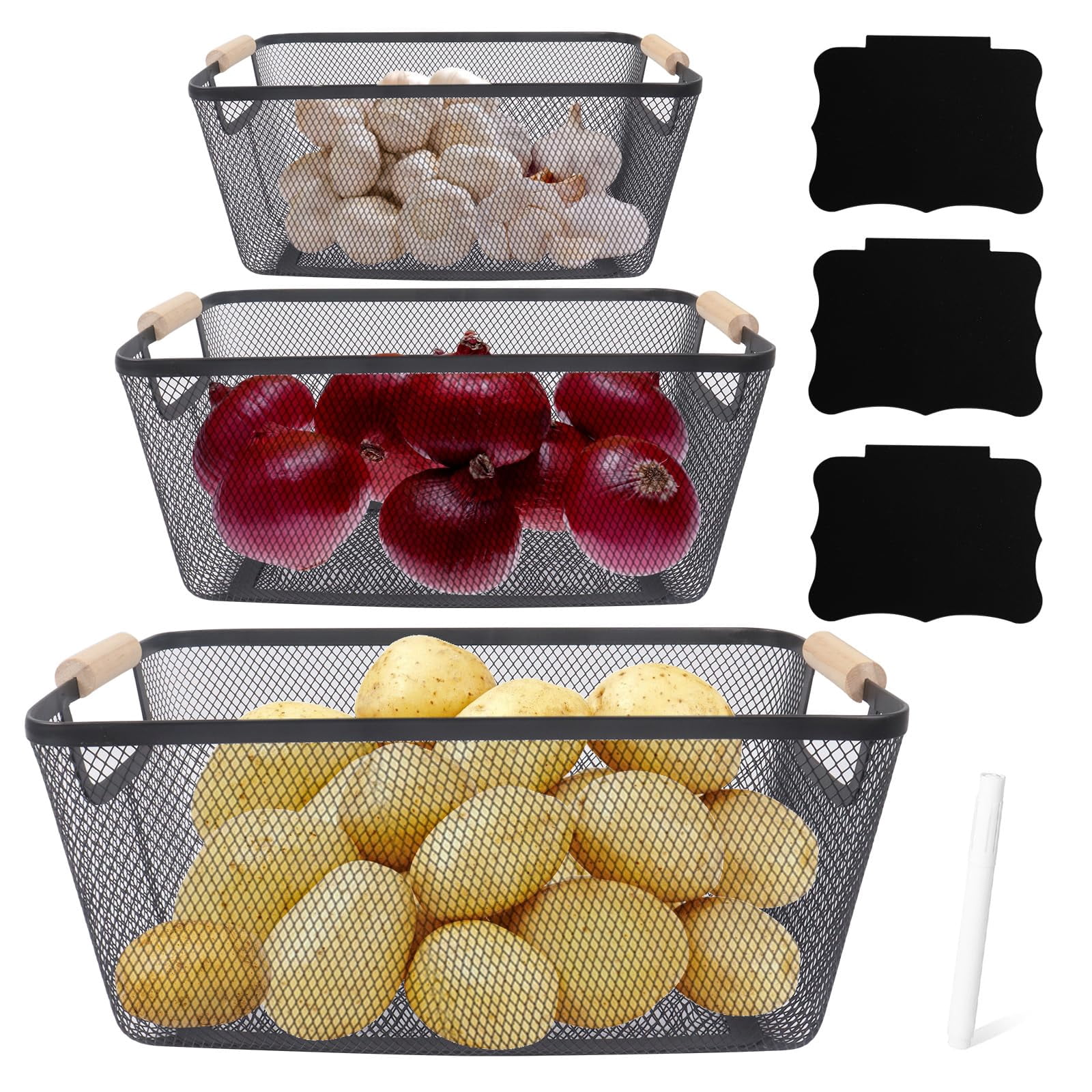 Xbopetda 3-Piece Potato Onion Garlic Storage Bin Set - Metal Mesh Baskets With Wooden Handles For Kitchen & Pantry - View #5