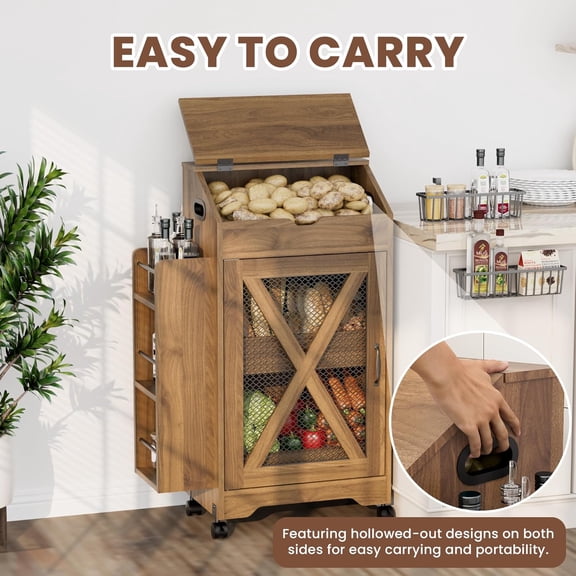 Potato and Onion Storage Bin Movable Bread Box with Lid Modern Vegetable Storage Box with Side Spice Rack Farmhouse Potato and Onion Storage Cabinet for Kitchen (Walnut)$$Home Decor, Kitchen, & Other