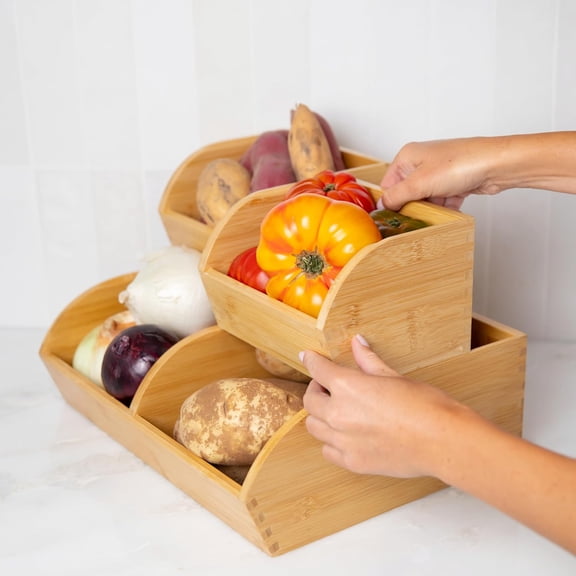 Potato and Onion Storage Bin for Pantry and Kitchen Counter - Ventilated Stackable Bamboo Organizer Baskets with Handles - Multipurpose Organization Containers for Fruit, Vegetable, Pantry - 3 Pack