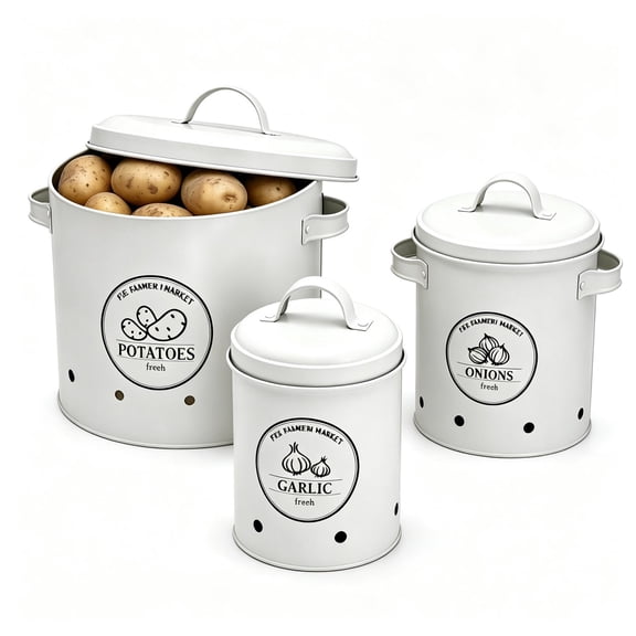 Finew 3-Pack Potato and Onion Storage Bins, Metal Canisters with Lids and Ventilation Holes, White