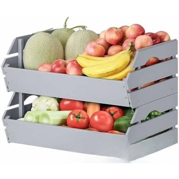 Potato Onion Storage Bin - Wood Stackable Produce Basket with Handles - Fruit and Vegetable Storage for Kitchen and Pantry Counter Organization - 2 Pack Dusty Grey,2 Pack