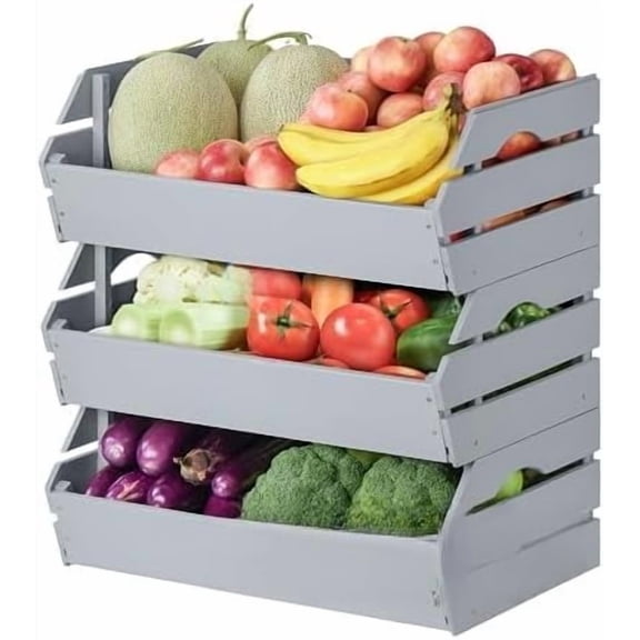 Potato Onion Storage Bin - Wood Stackable Produce Basket with Handles - Fruit and Vegetable Storage for Kitchen and Pantry Counter Organization - 3 Pack Dusty Grey,3 Pack