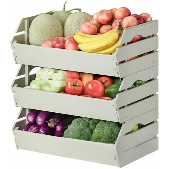 Potato Onion Storage Bin - Wood Stackable Produce Basket with Handles - Fruit and Vegetable Storage for Kitchen and Pantry Counter Organization - 3 Pack Pebble Grey,3 Pack
