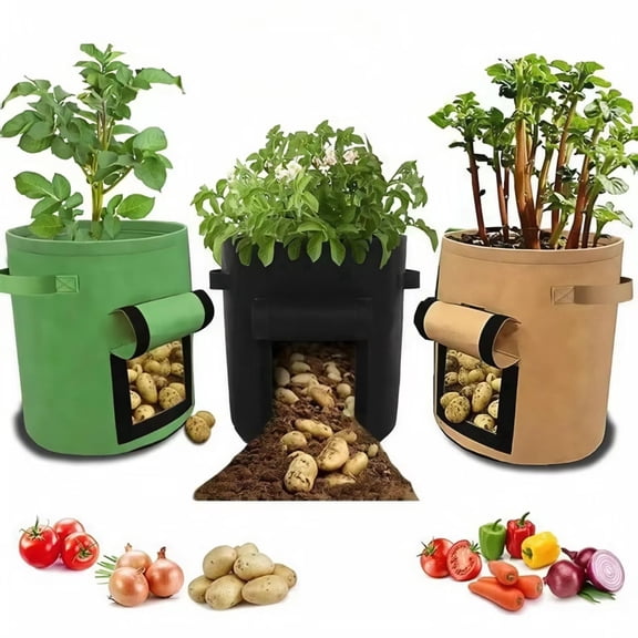 3 pack Potato Grow Bags with Window - 35x45cm Fabric Planting Pots for Outdoor Gardening, Black, Green, and Khaki
