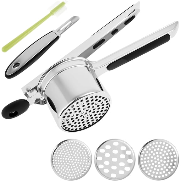 Potato Rice Stainless Steel Potato Masher Manual Potato Press Reusable Potato Ricer Masher Potato Press with 3 Interchangeable Discs for Mashed Potatoes Vegetables