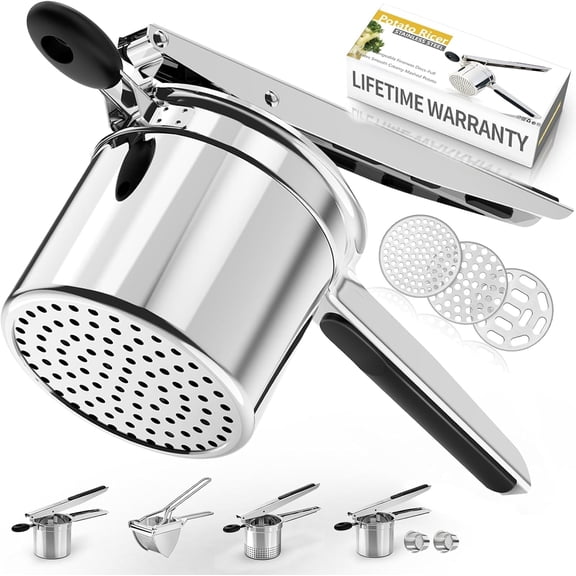 Potato Ricer, Ricer for Mashed Potatoes, 3 Interchangeable Discs Potato Masher Stainless Steel for Fluffy Mashed Potatoes, Heavy Duty Spaetzle Maker with Silicone Handle, for Gnocchi Spaghetti