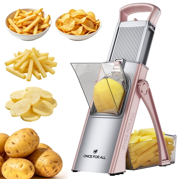 ONCE FOR ALL Potato Slicer for French Fries & Potato Chips, Vegetable Cutter with Food Pusher, Adjustable 0.1–8mm Thickness, Slice, Julienne, Shred & Dice