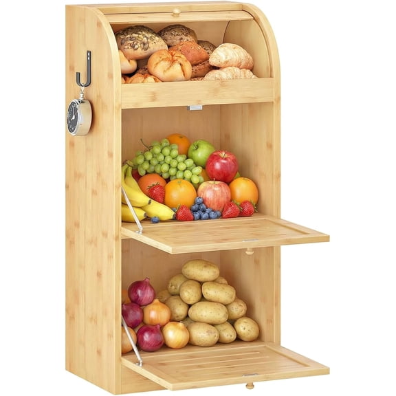 Potato Storage Bin, Large Bamboo Bread Box for Kitchen Counter, 3 Tier Onion Organizer with Grocery Section, Decorative Fruit and Vegetable Box for Kitchen, Natural YL14MB01