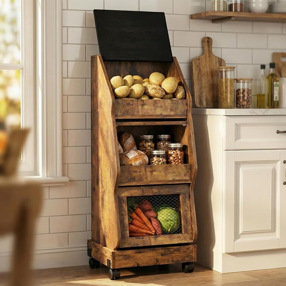 Potato Storage Bin Movable Bread Box with Lid Rustic and Wheels Onion Organizer with Grocery Section Decorative Vegetable Organization Cabinet for Kitchen