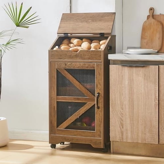 Potato Storage Bin with Wheels, Wood Potato and Onion Storage Cabinet with Lid, Movable Fruit and Vegetable Organizer Box, Large Bread Box for Kitchen$$Home Decor, Kitchen, & Other