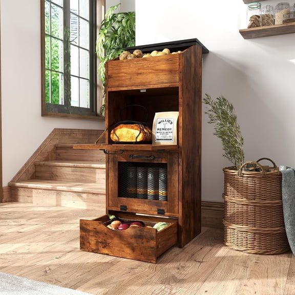 Potato Storage Bin, Wood Bread Box with Lid, Farmhouse Potato and Onion Storage Bin with Mesh Doors, Fruit and Vegetable Storage Rack with Removable Drawer (Rustic Brown, 16.0")