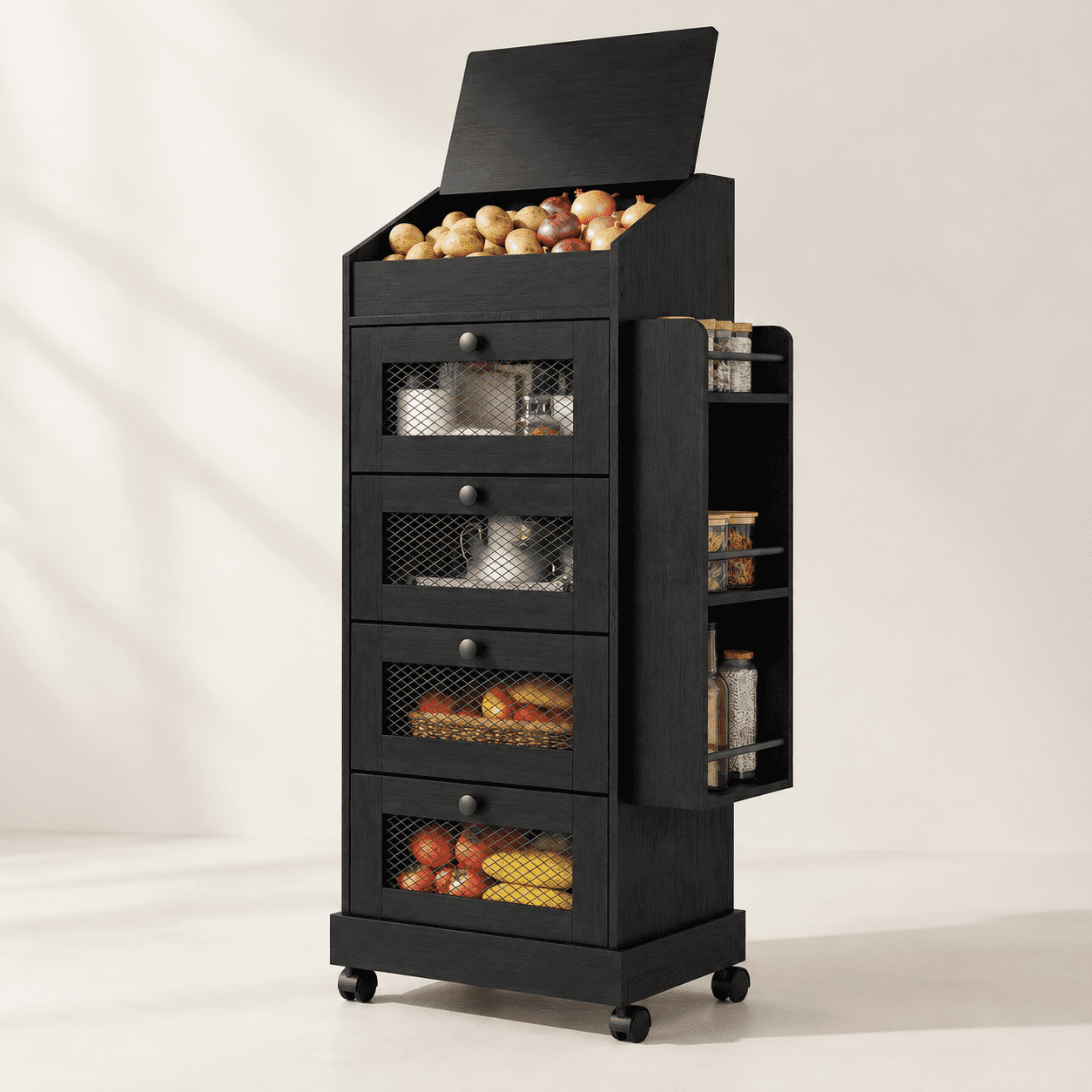 Ddark Bread Potato Storbin 5-tier Rolling Black Bread Box With Side Rack - Walmart.com