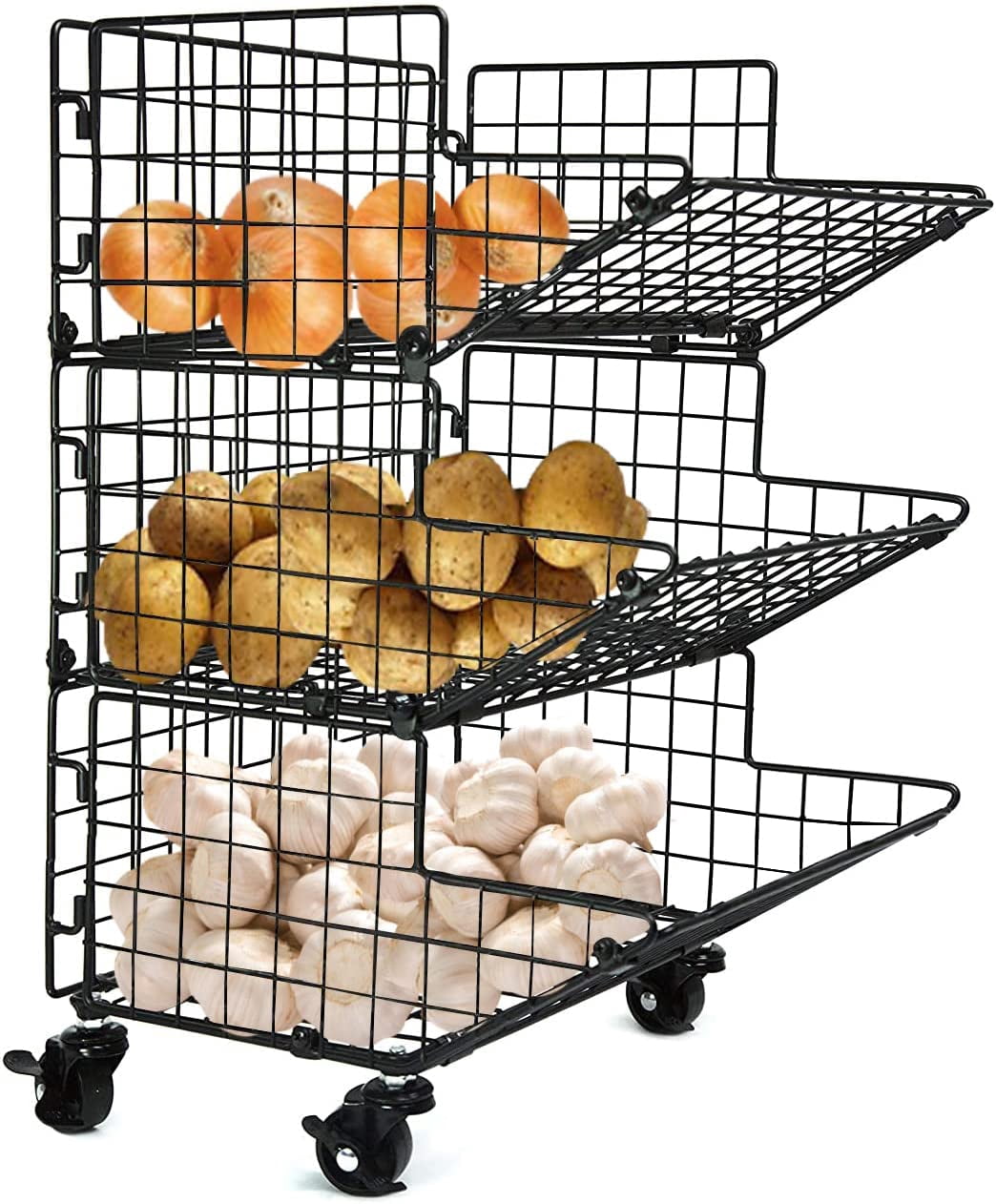 Home Produce Rack Potato storage 3 baskets for kitchen organization with wheels onion bin ...