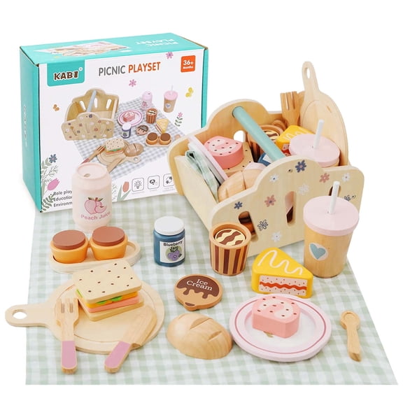 Potatomato Picnic Playset Wooden Play Food Set with Functional Basket Cutting Pretend Play for Toddlers Girls Boys Kitchen Accessories Imaginative Tea Party and Outdoor Fun