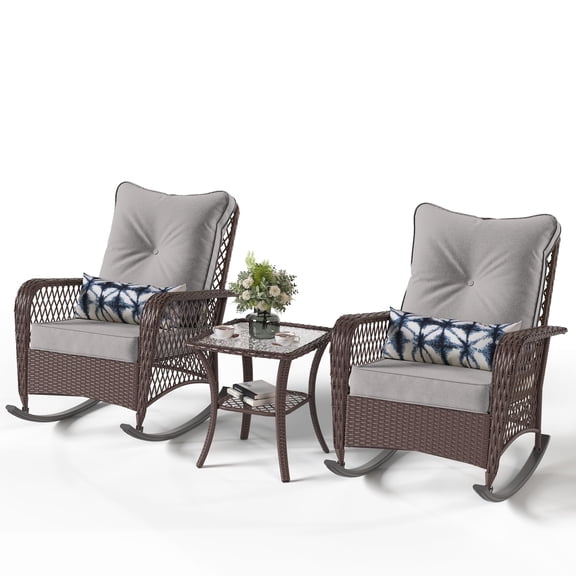 POTEBAN 3-Piece Outdoor Rocking Chairs, Brown Wicker Patio Furniture with Thickened Cushions and Table for Porch (Grey White)