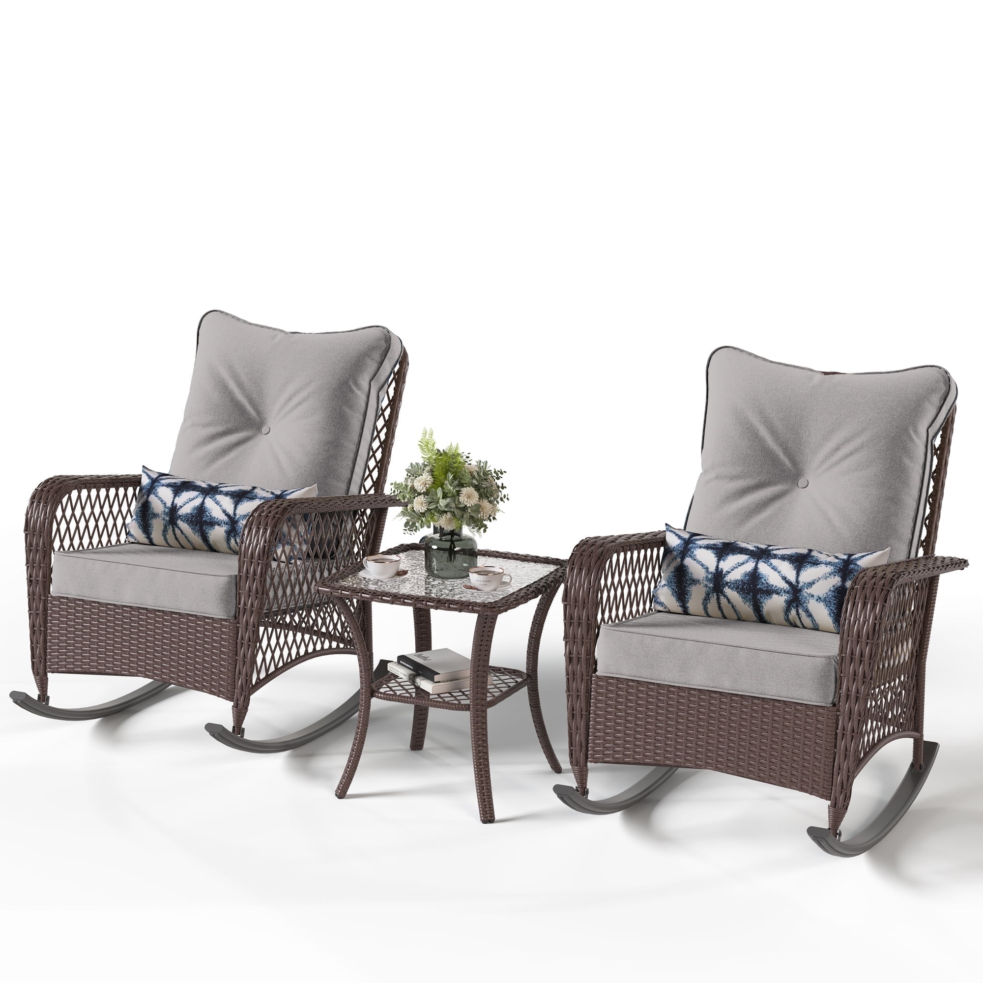 Poteban 3-Piece Outdoor Rocking Chairs, Brown Wicker Patio Furniture with Thickened Cushions and Table for Porch (Grey White)