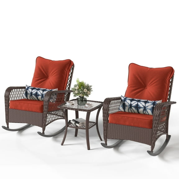 Poteban 3-Piece Outdoor Rocking Chairs, Brown Wicker Patio Furniture with Thickened Cushions and Table for Porch (Wine Red)