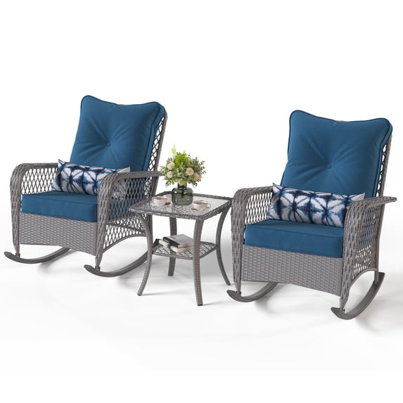 POTEBAN 3-Piece Outdoor Rocking Chairs, Wicker Patio Furniture with Thickened Cushions and Table for Porch (Blue)