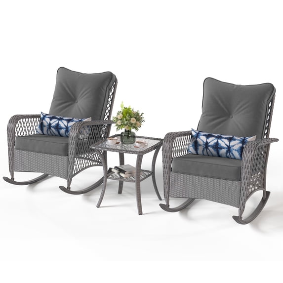 POTEBAN 3-Piece Outdoor Rocking Chairs, Wicker Patio Furniture with Thickened Cushions and Table for Porch (Gray)