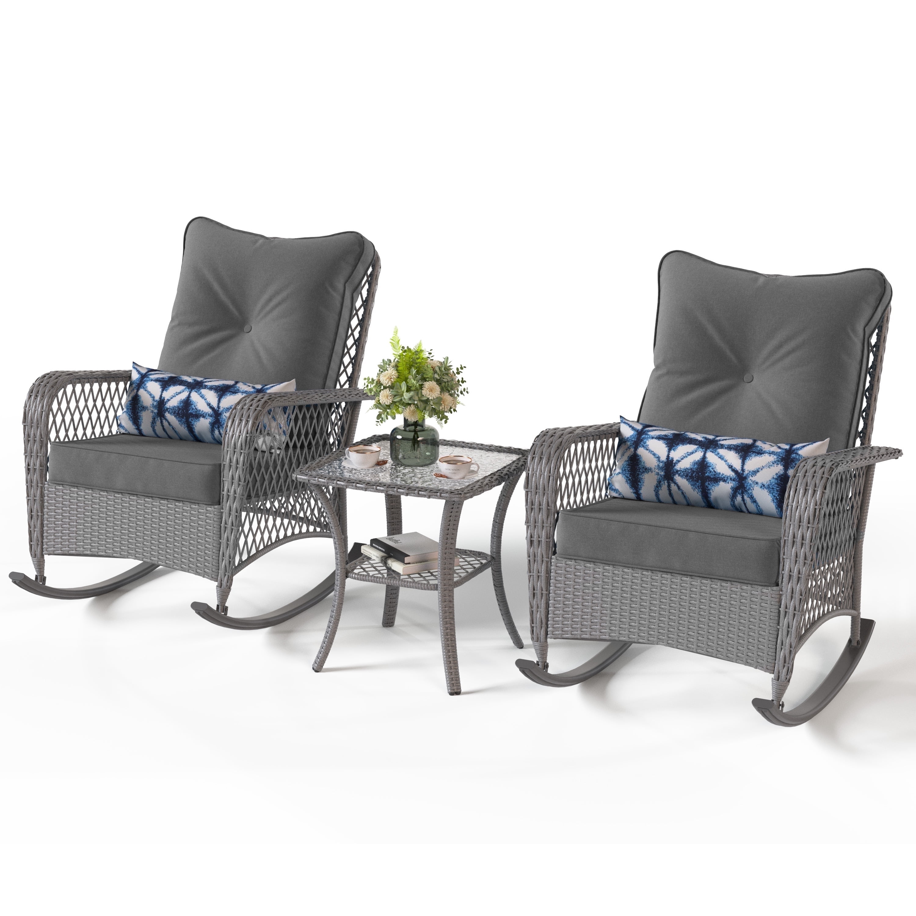Poteban 3-Piece Rattan Rocking Chairs Set, Wicker Patio Furniture with Cushions (Gray)