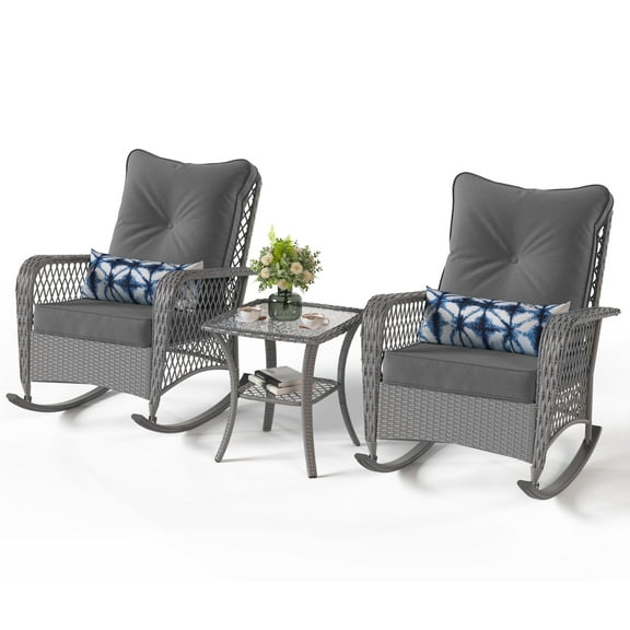 Poteban 3-Piece Outdoor Rocking Chairs, Wicker Patio Furniture with Thickened Cushions and Table for Porch (Gray)