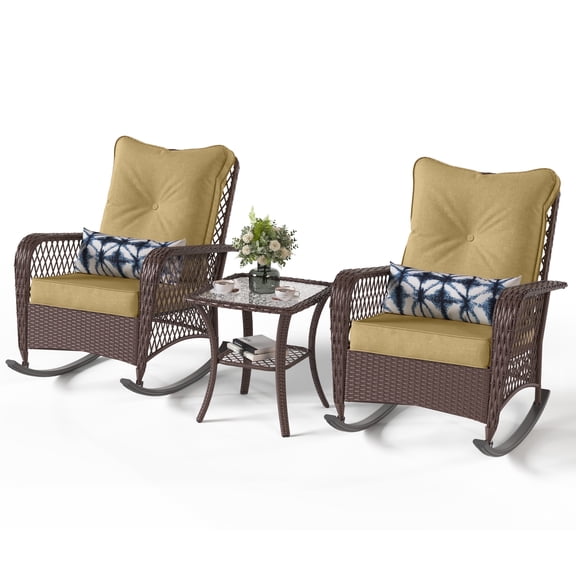 POTEBAN 3-Piece Outdoor Rocking Chairs, Wicker Patio Furniture with Thickened Cushions and Table for Porch (Khaki)