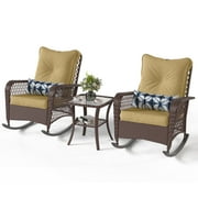 Poteban 3-Piece Outdoor Rocking Chairs, Wicker Patio Furniture with Thickened Cushions and Table for Porch (Khaki)