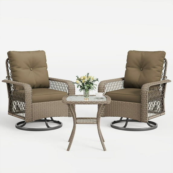 POTEBAN 3 Pieces Patio Furniture Set, Outdoor Swivel Gliders Rocker, Glass Top Side Table (Dark Gray)