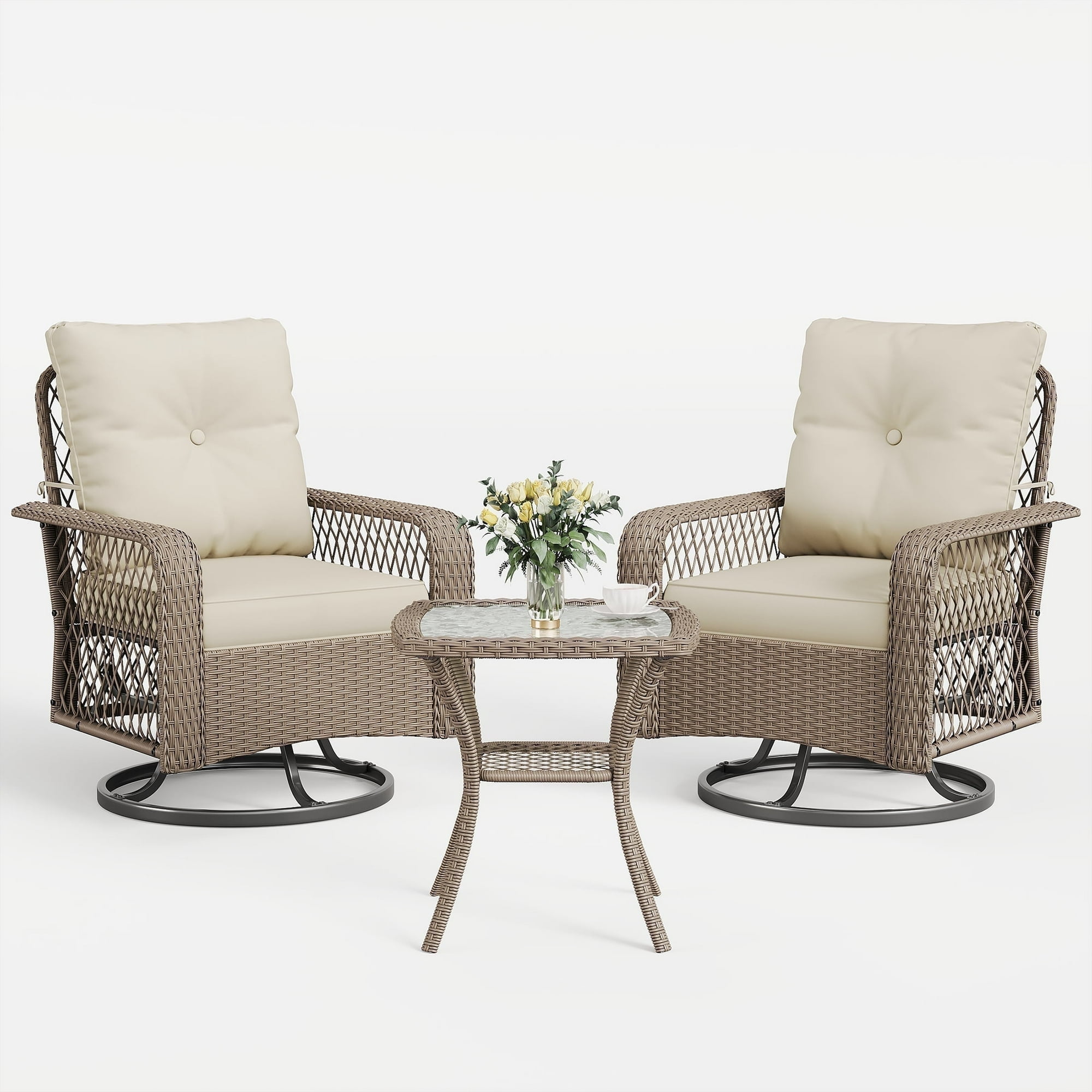 POTEBAN 3 Pieces Patio Furniture Set, Outdoor Swivel Gliders Rocker, Glass Top Side Table (Khaki)