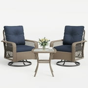 POTEBAN 3 Pieces Patio Furniture Set, Outdoor Swivel Gliders Rocker, Glass Top Side Table Navy Blue