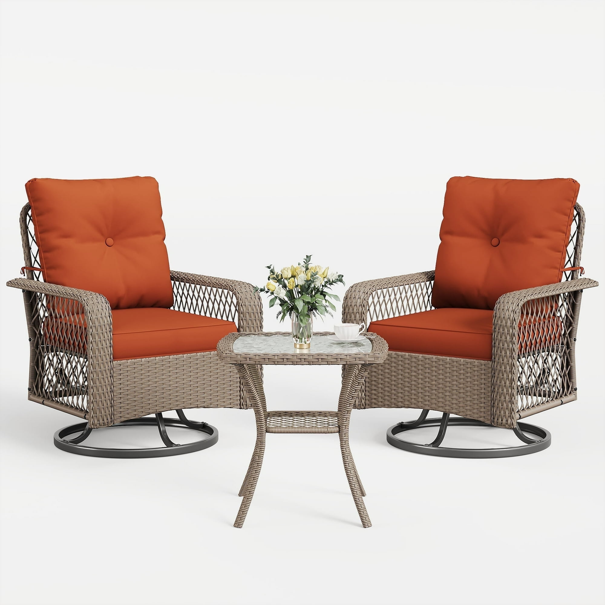 Red Cushioned Wicker Patio Bistro Set with Swivel Rocking Chairs