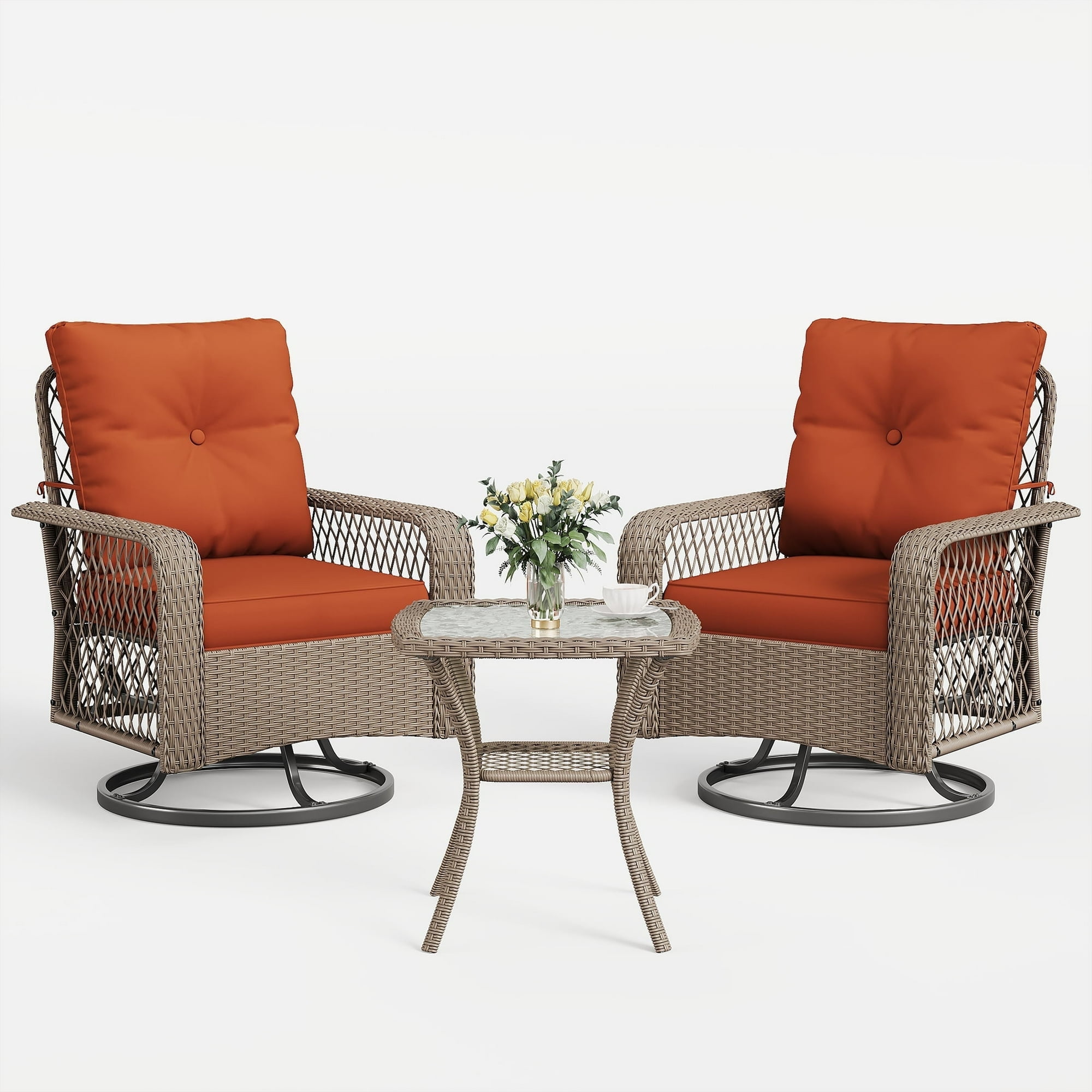 Red Cushioned Wicker Patio Bistro Set with Swivel Rocking Chairs