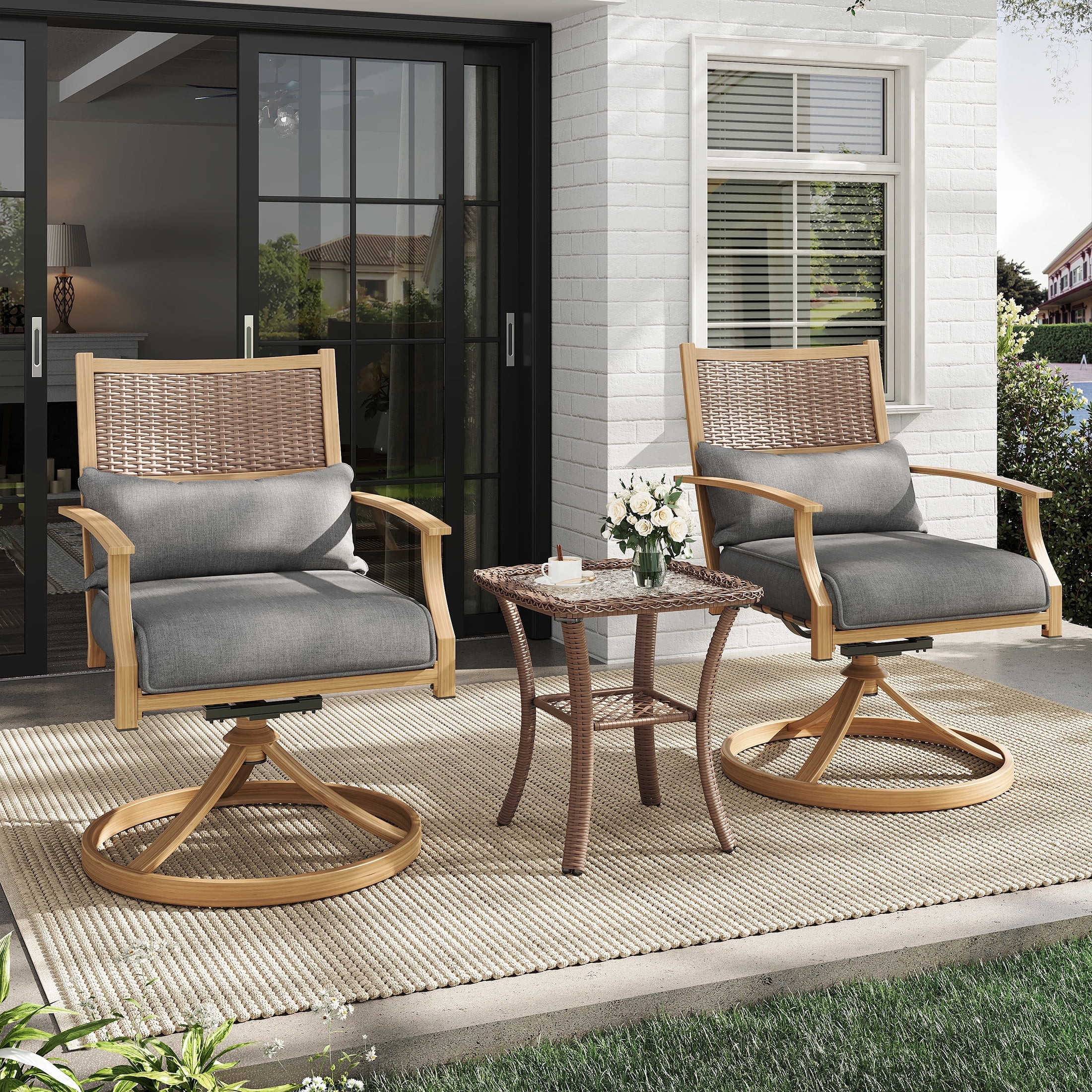 Poteban 3 Pieces Patio Swivel Chairs Set of 2 with Wicker Table, Bistro Set with Swivel Rocker Chair, Outdoor Furniture with Thickened Cushions for Porch Backyard Deck (Gray)