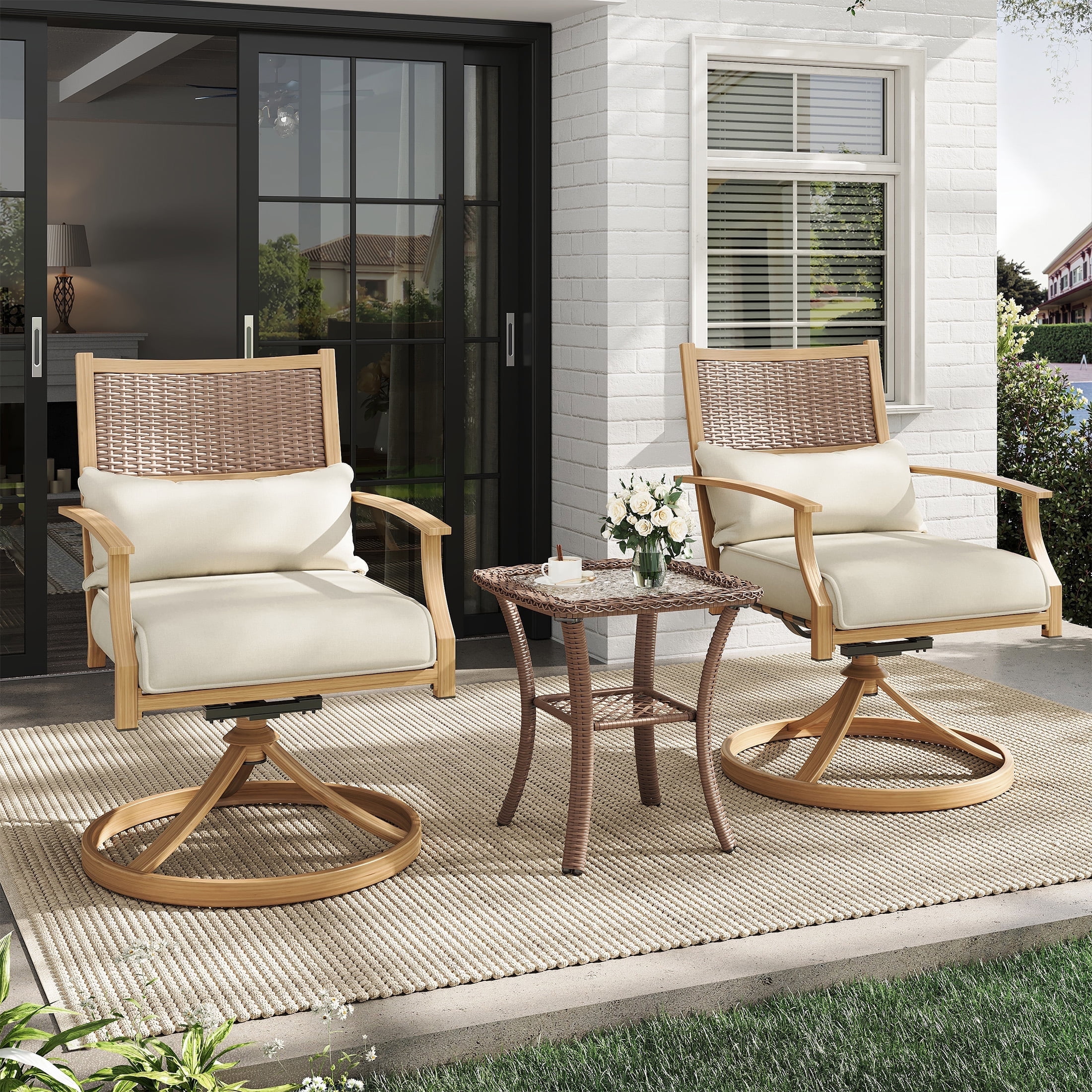 Poteban 3 Pieces Swivel Rocker Outdoor Chairs Set, Patio Dining Chairs with Beige Thickened Cushions&Glass Top Table, Wicker Patio Bistro Set for Garden, Backyard, Lawn, Porch