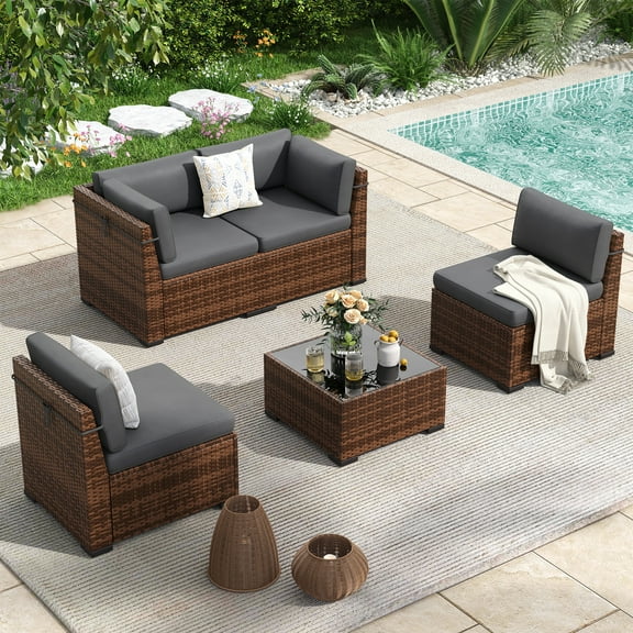 Poteban 5 Pieces Outdoor Sectional Sofa Set , PE Wicker Rattan Slanted Back Outdoor Conversation with Cushions and Glass Coffee Table for Backyard Garden, Dark Gray
