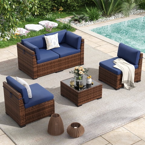 Poteban 5 Pieces Outdoor Sectional Sofa Set , PE Wicker Rattan Slanted Back Outdoor Conversation with Cushions and Glass Coffee Table for Backyard Garden, Navy Blue