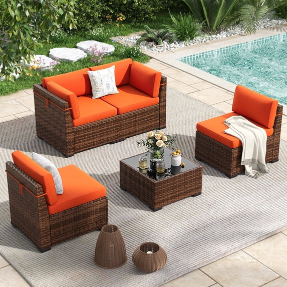 Poteban 5 Pieces Outdoor Sectional Sofa Set , PE Wicker Rattan Slanted Back Outdoor Conversation with Cushions and Glass Coffee Table for Backyard Garden, Orange