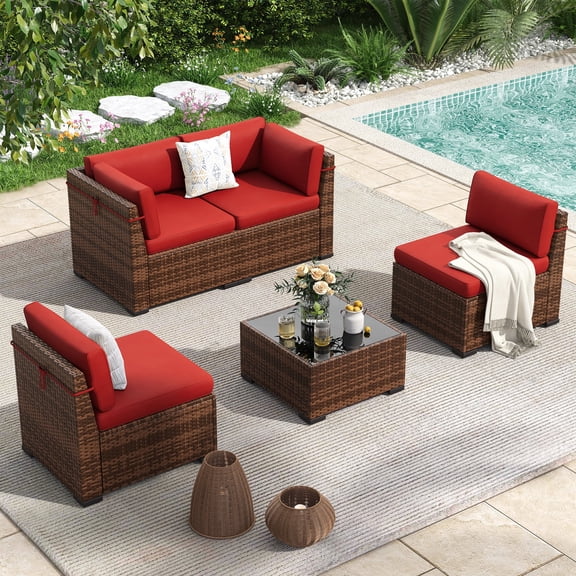 Poteban 5 Pieces Outdoor Sectional Sofa Set , PE Wicker Rattan Slanted Back Outdoor Conversation with Cushions and Glass Coffee Table for Backyard Garden, Wine Red